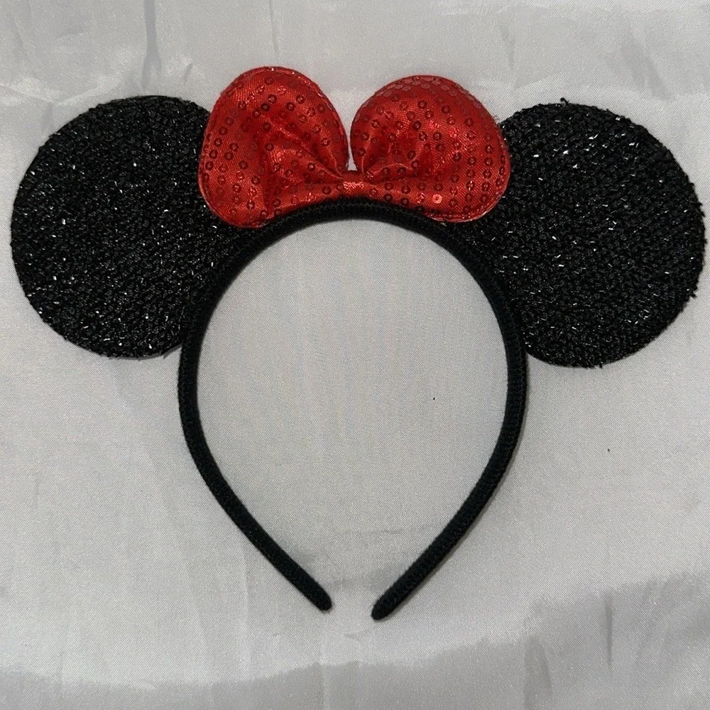 Set of 2 Mouse Ears Headbands Black Velvet Sparkle Red Sequin Bow Party Supplies
